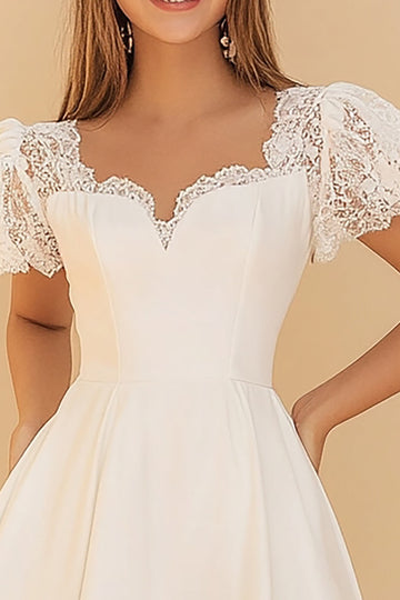 A Line White Short Sleeves Lace Short Graduation Dress